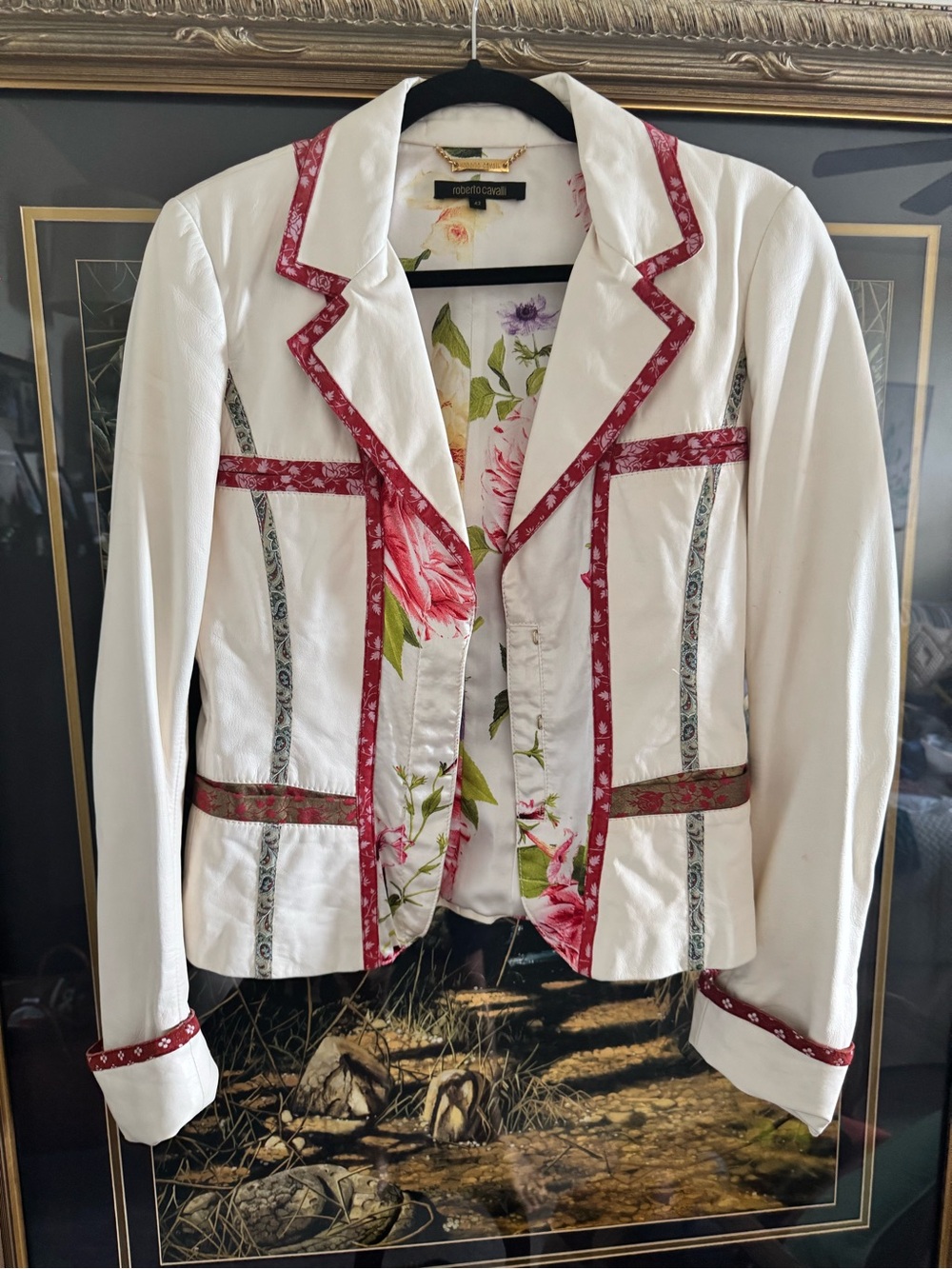Roberto Cavalli Ivory Leather Blazer with Red Trim and Floral Lining - Picture 2 of 4